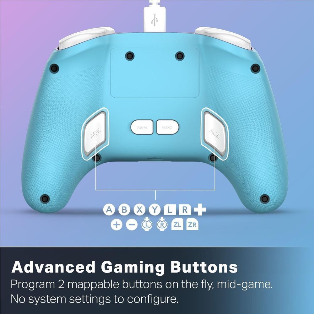Advanced gaming buttons on wired controller shown on the rear with labeled button layout.