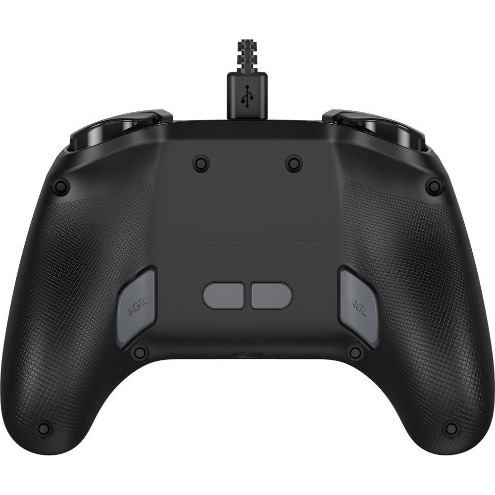 Black wired game controller back with textured grips and central accessory port