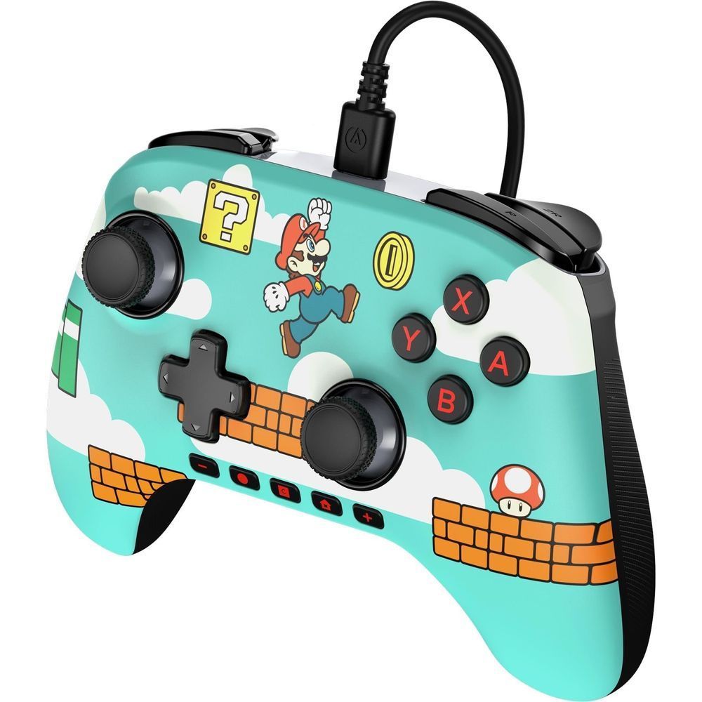Teal wired controller with Mario graphics, black D-pad, and side grip pads