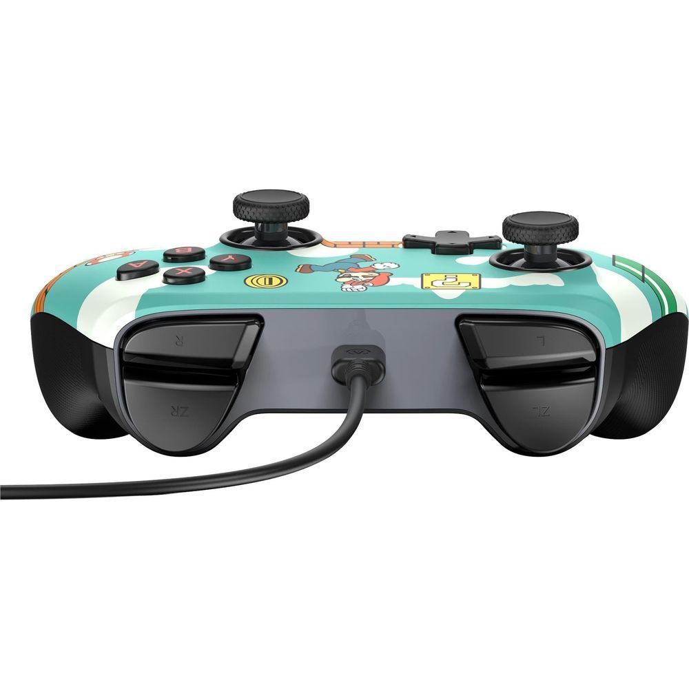 Teal wired controller top view with black triggers, bumpers, and analog sticks