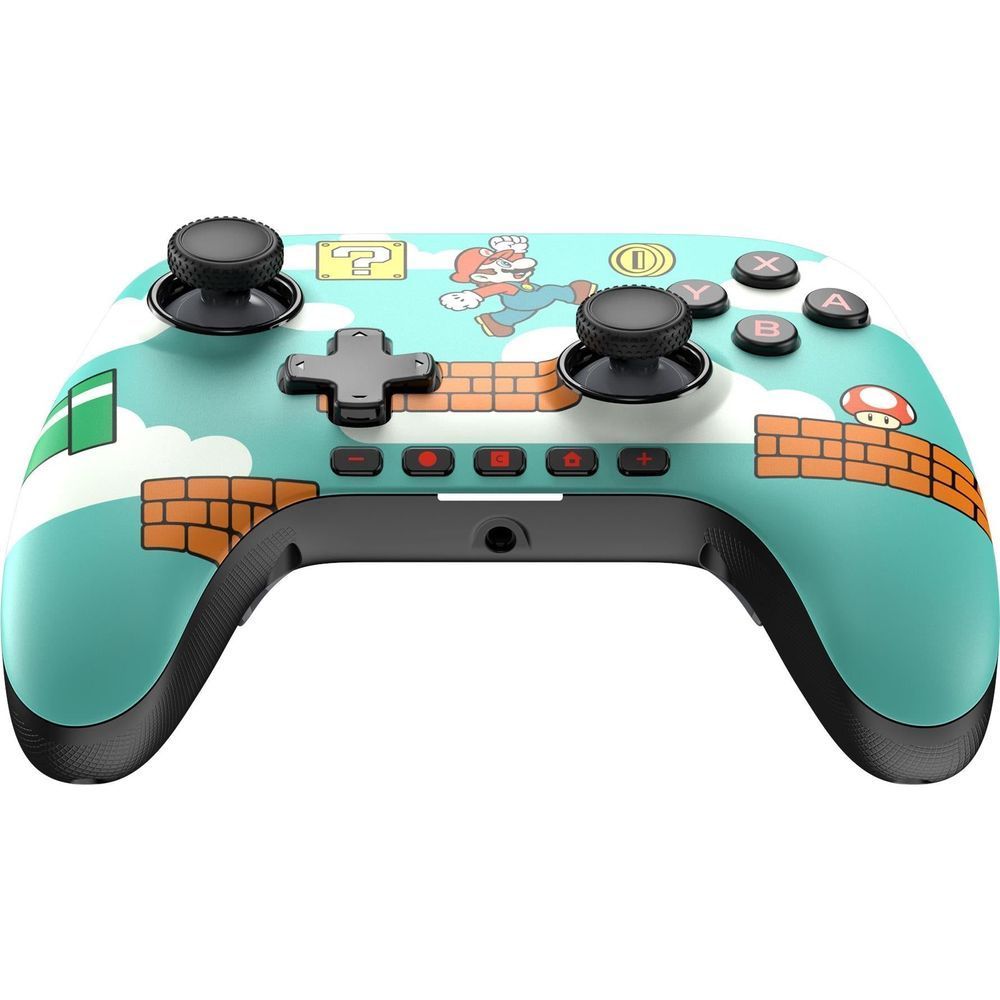 Teal wired controller front view with Mario graphics, D-pad, and face buttons