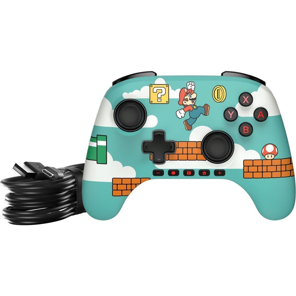 Teal wired controller front with connected cable and Mario button layout