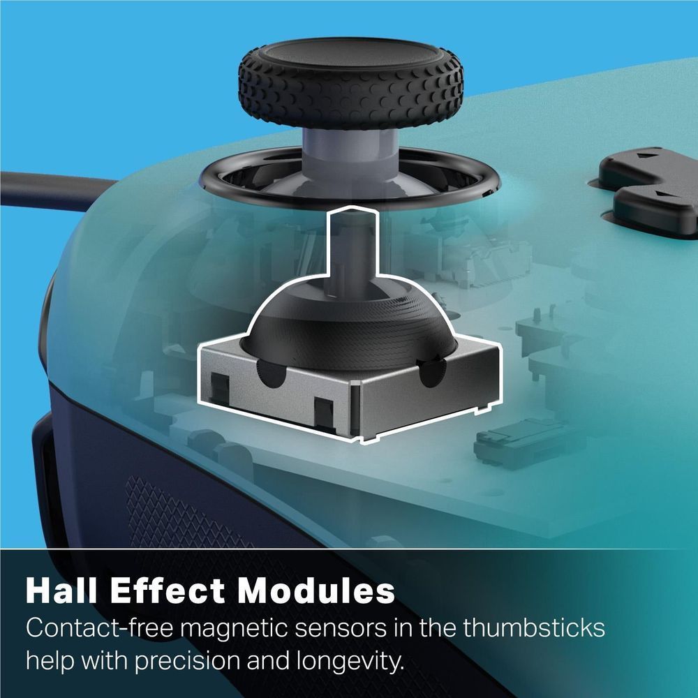 Thumbstick module detail on teal wired controller with black textured cap