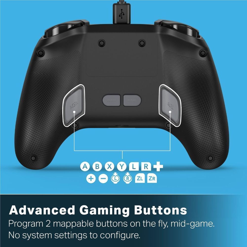 Black controller back with textured grips and button icons under the base