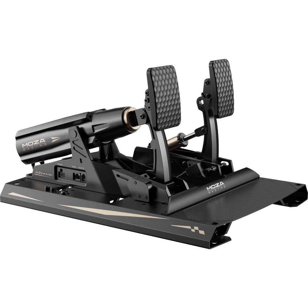 MOZA racing simulator pedal booster with adjustable arms and two textured foot pedals