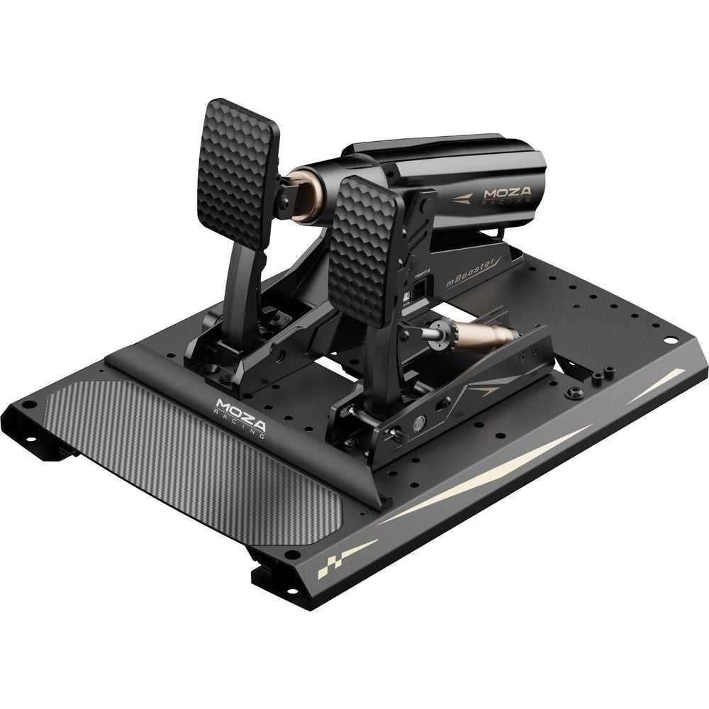 Racing simulator pedal booster with two textured pedals, metal frame, and control buttons