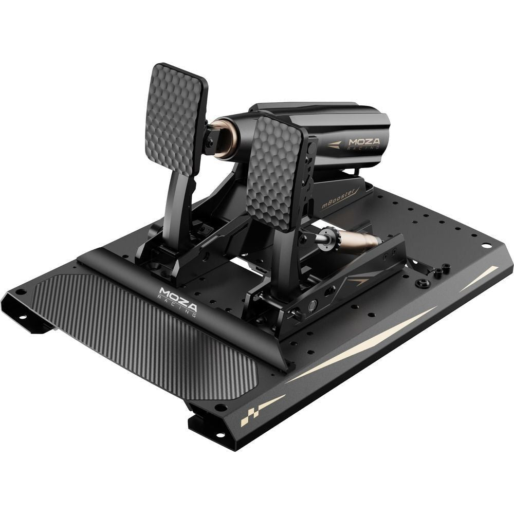 Racing simulator pedal booster with textured foot plates and metal mounting base