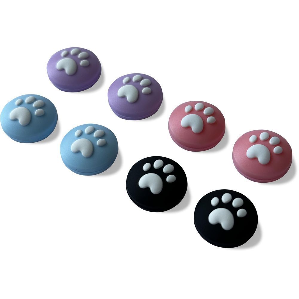 Assorted paw print thumb grips: purple, light blue, maroon, and black round grips
