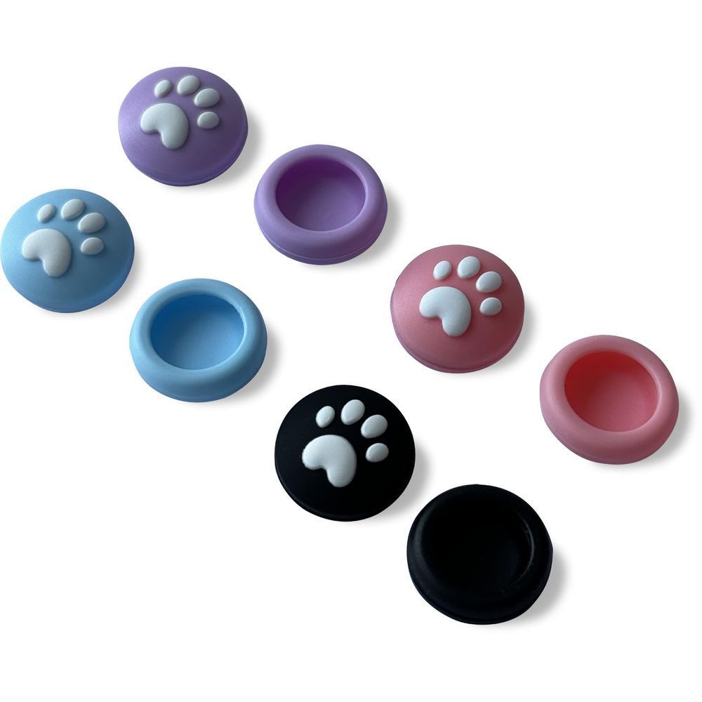Paw print thumb grips with hollow centers in purple, light blue, maroon, and black
