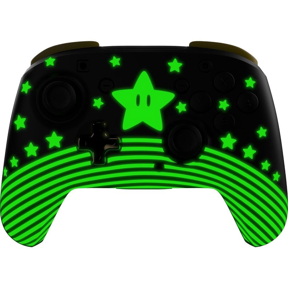 Wireless game controller with green star-and-striped design, black shell, glowing accents