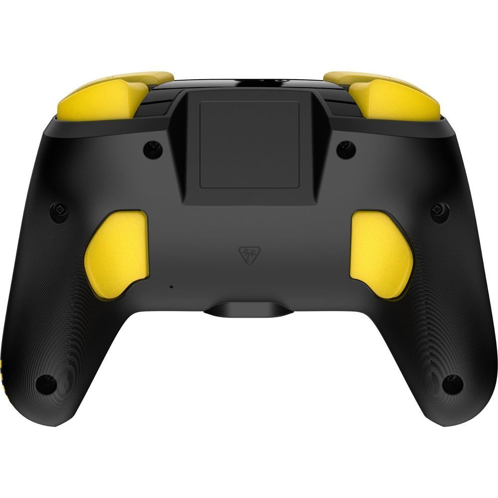 Wireless game controller back view with textured handles and yellow shoulders, black