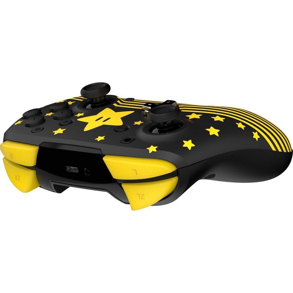 Wireless game controller top with star graphics, black body, yellow trim and triggers
