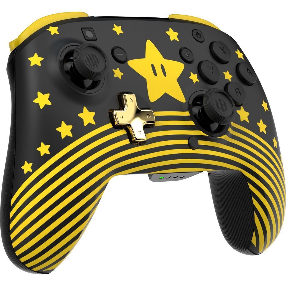 Wireless game controller front with large yellow star emblem, black shell, yellow stars