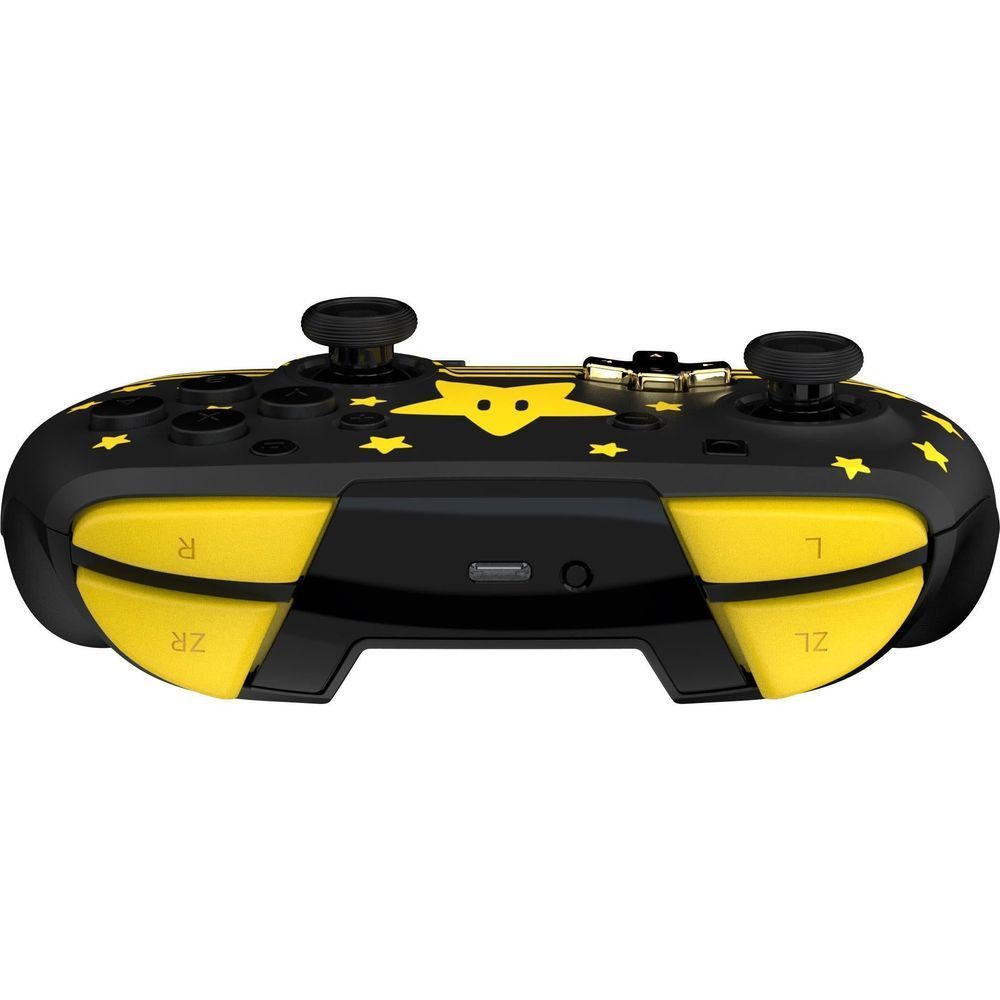 Wireless game controller side showing ports, yellow accents on black shell