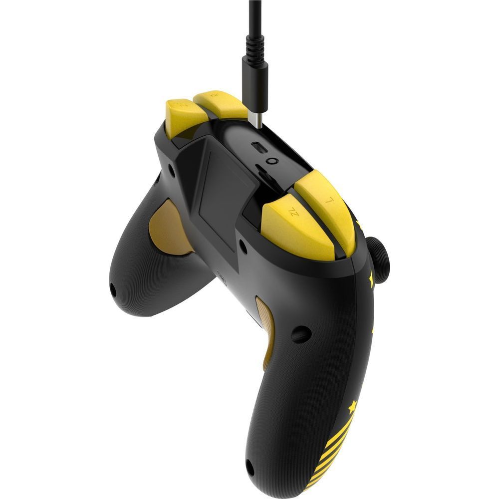 Wireless game controller with connected cable, yellow-and-black housing and grips