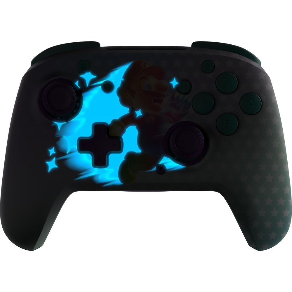 Nintendo Switch wireless controller with Mario glow effect under dark lighting
