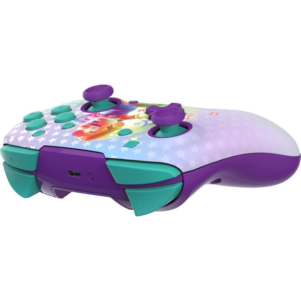 Nintendo Switch wireless controller top view with Mario artwork and teal purple controls