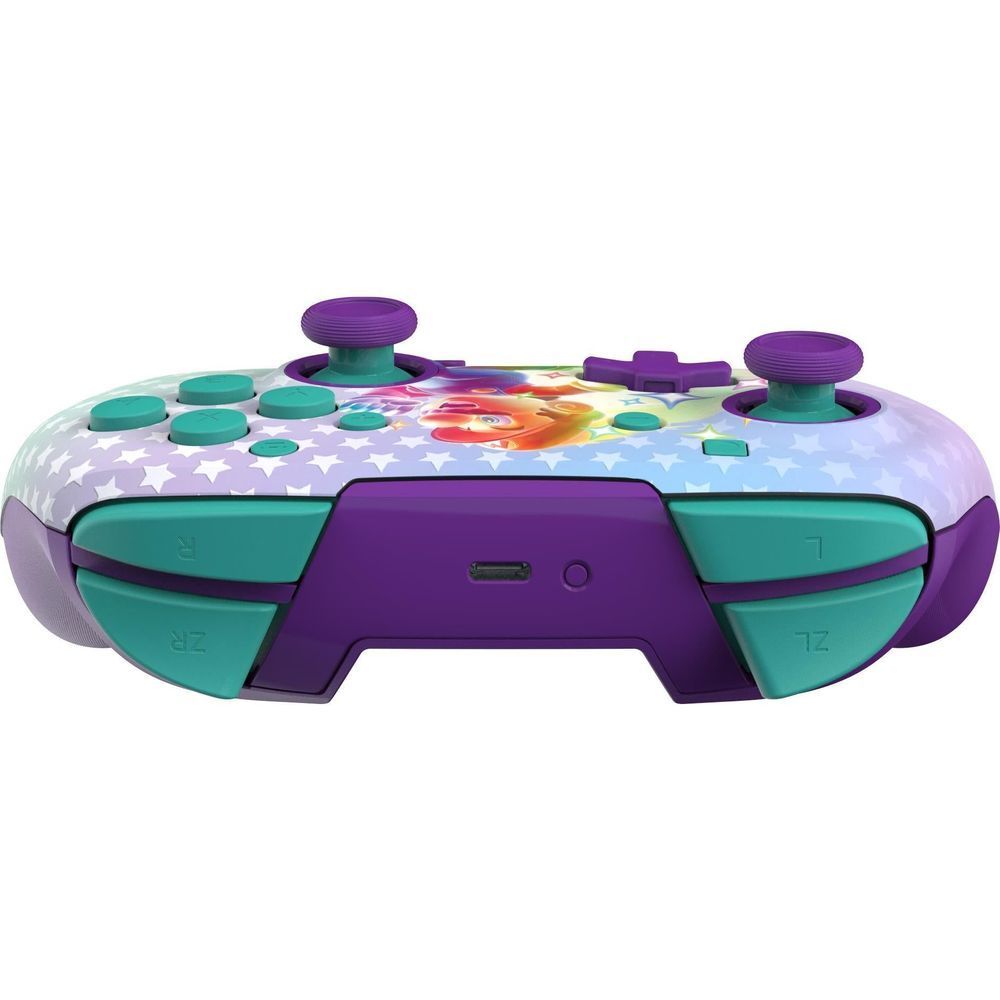 Nintendo Switch wireless controller top edge view with purple center panel and buttons