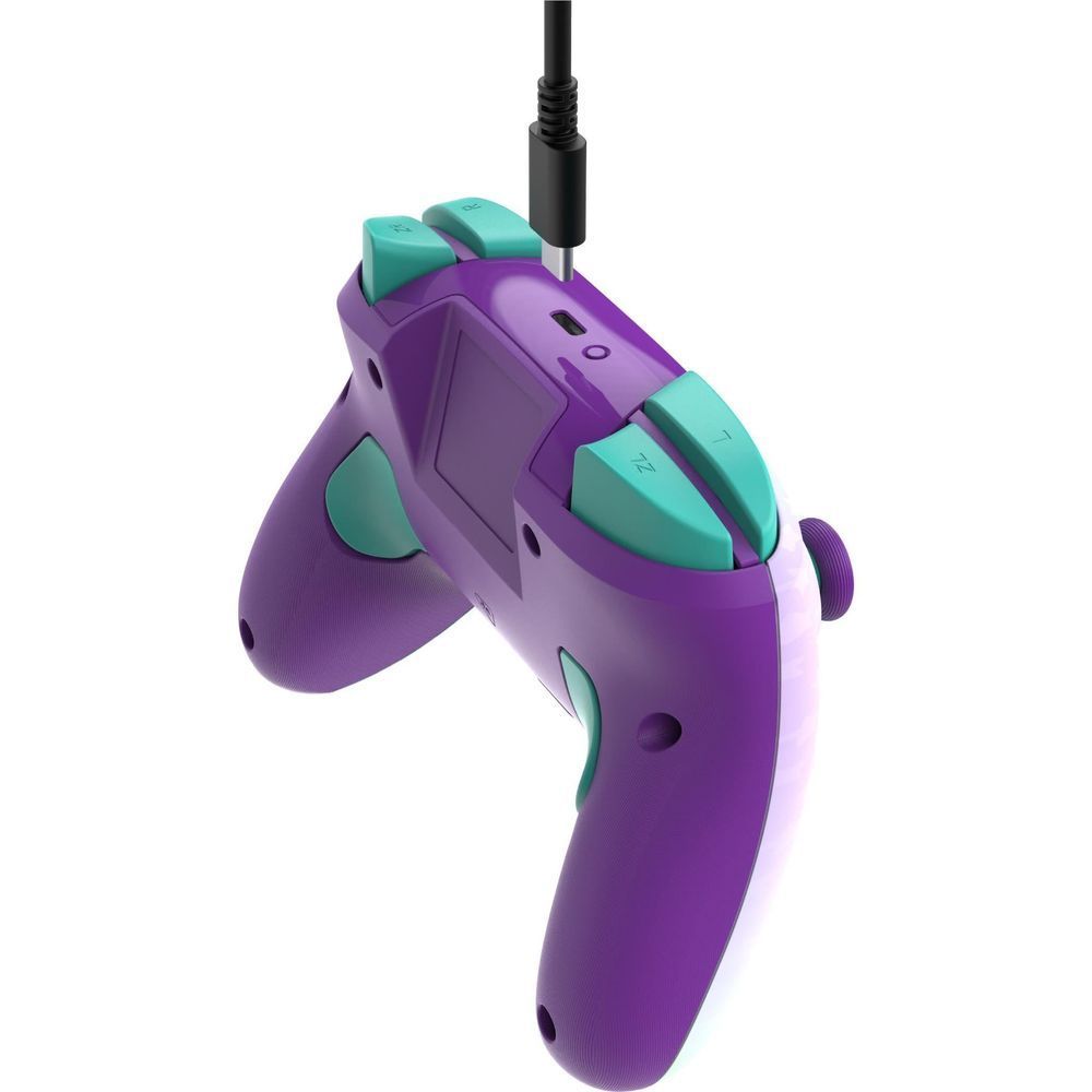 Nintendo Switch wireless controller with purple body and teal grips, charging cable attached