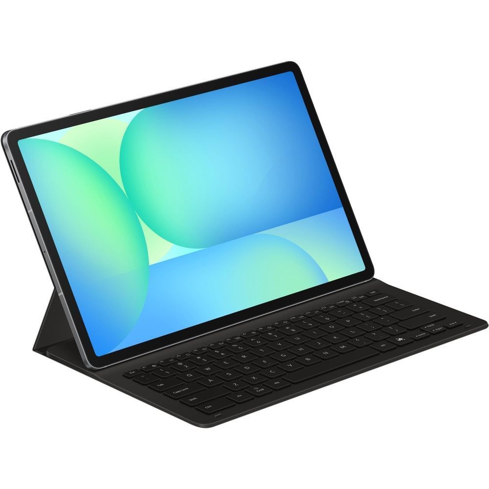Black folio keyboard case with tablet screen open, stand mode for Galaxy Tab S10 FE+
