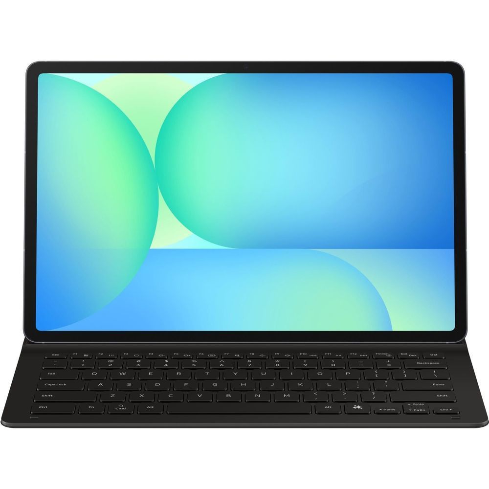 Black folio keyboard case showing full keyboard layout and tablet display for Galaxy Tab S10 FE+