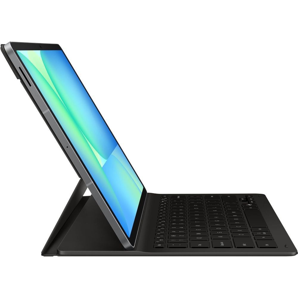 Black tablet folio keyboard case on stand with angled view for Galaxy Tab S10 FE+