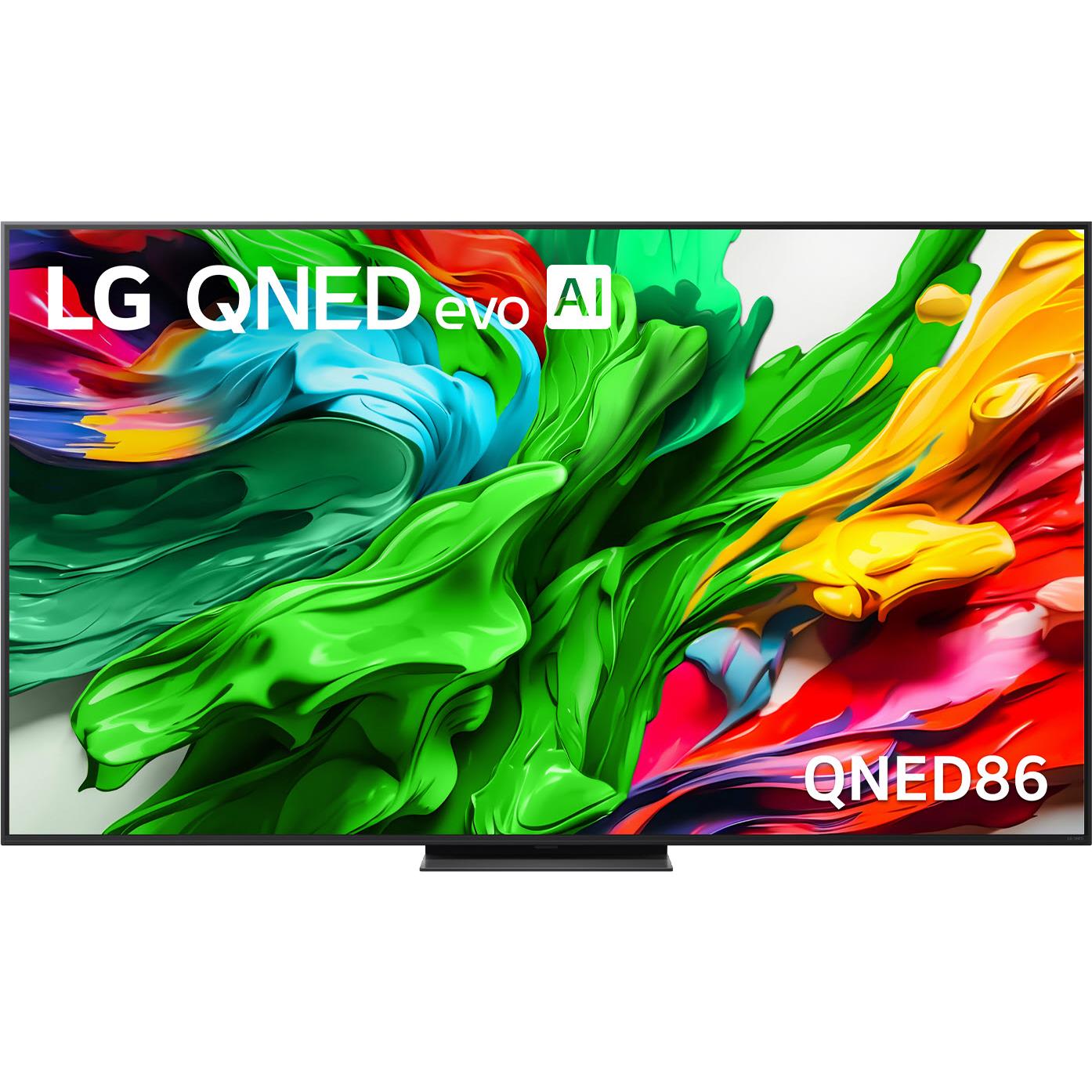 75-inch QNED mini LED 4K smart TV with colorful abstract display and central stand