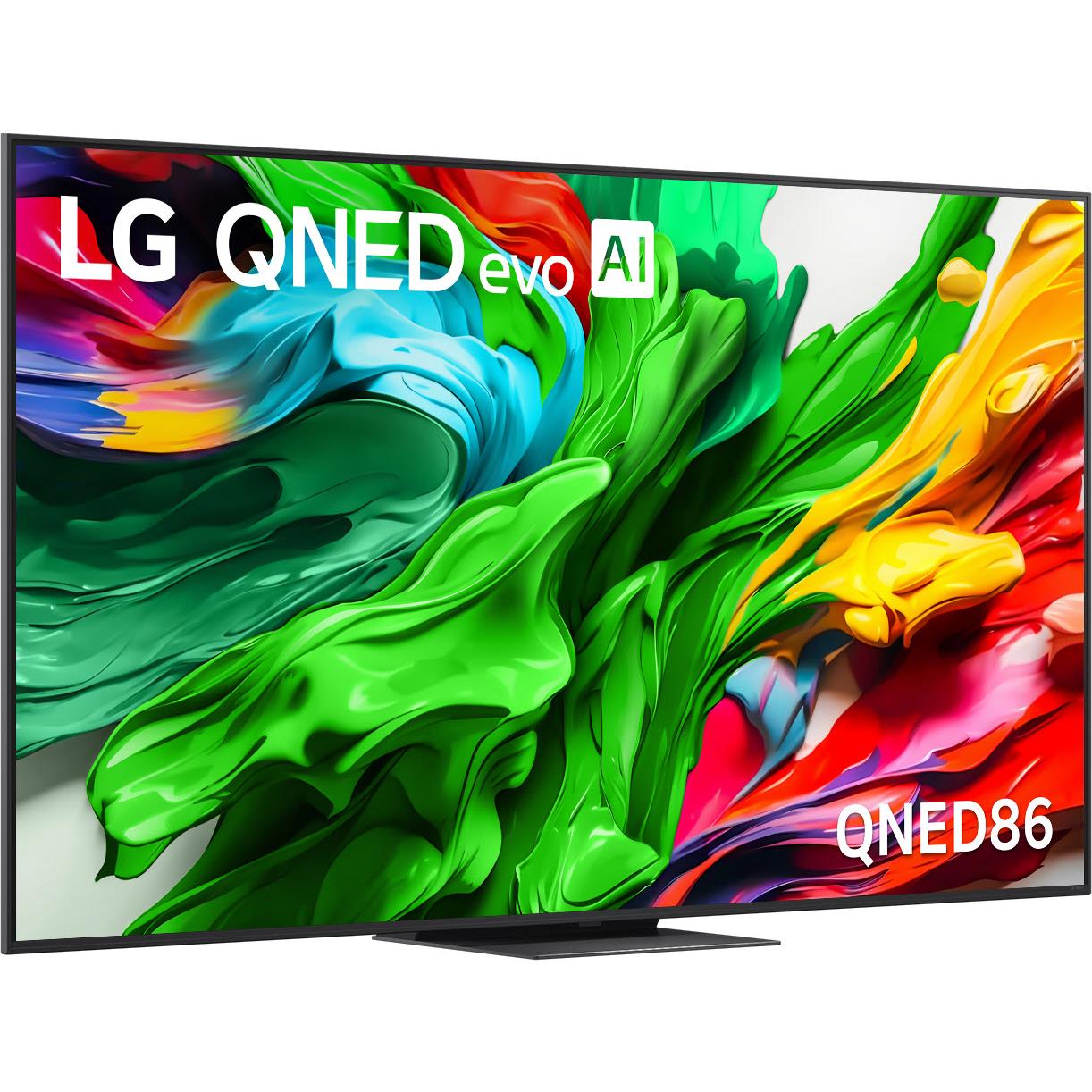 75-inch QNED mini LED 4K smart TV angled front view with vibrant abstract colors