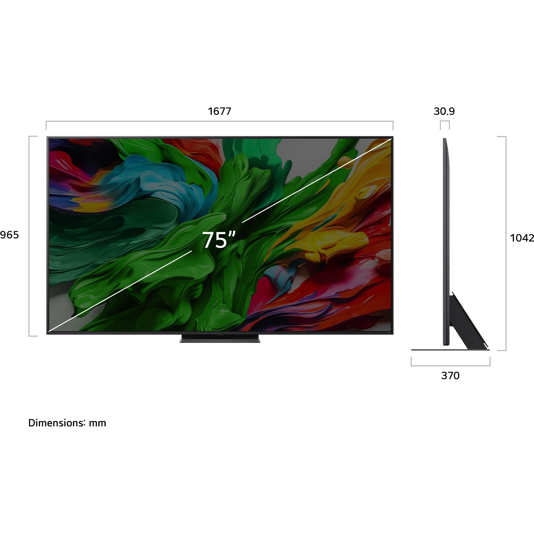 75-inch QNED mini LED 4K smart TV side and front dimension diagram