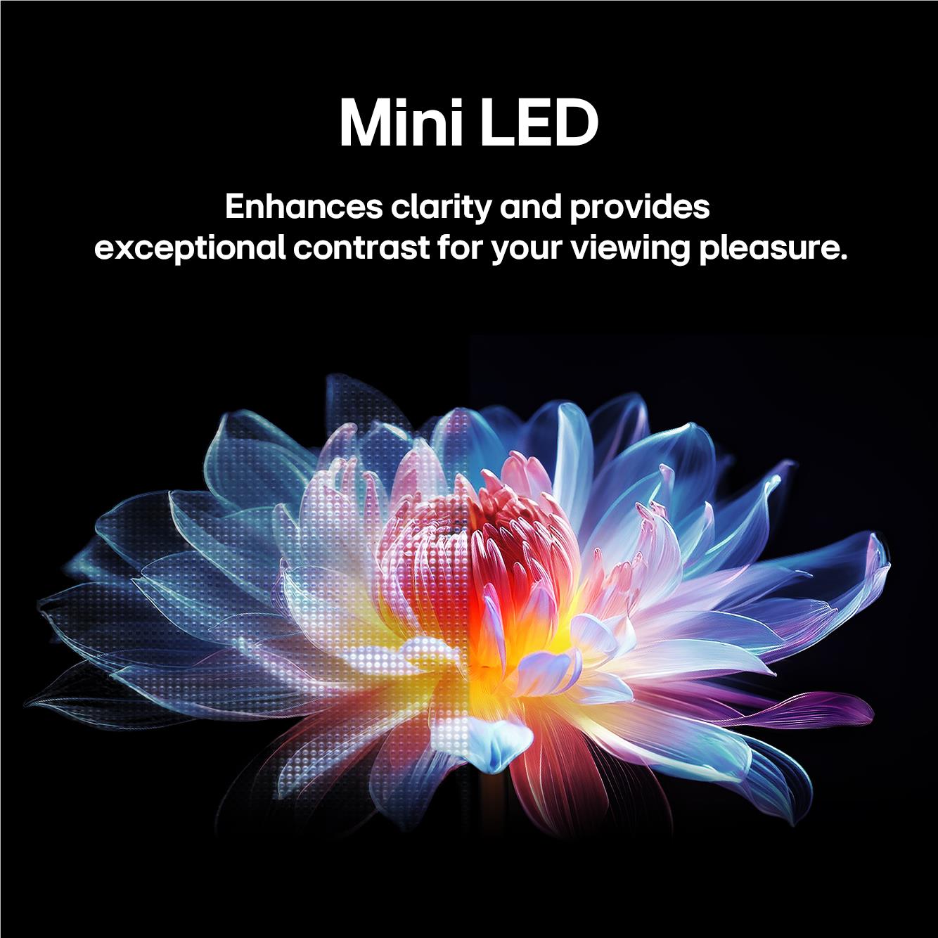 Mini LED lighting effect graphic for contrast on a 4K smart TV display