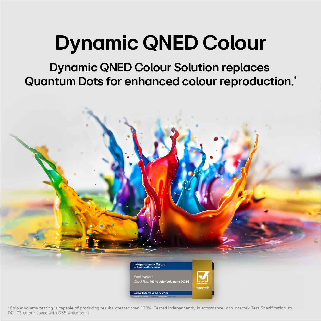 Dynamic color splash graphic illustrating enhanced color on a QNED TV