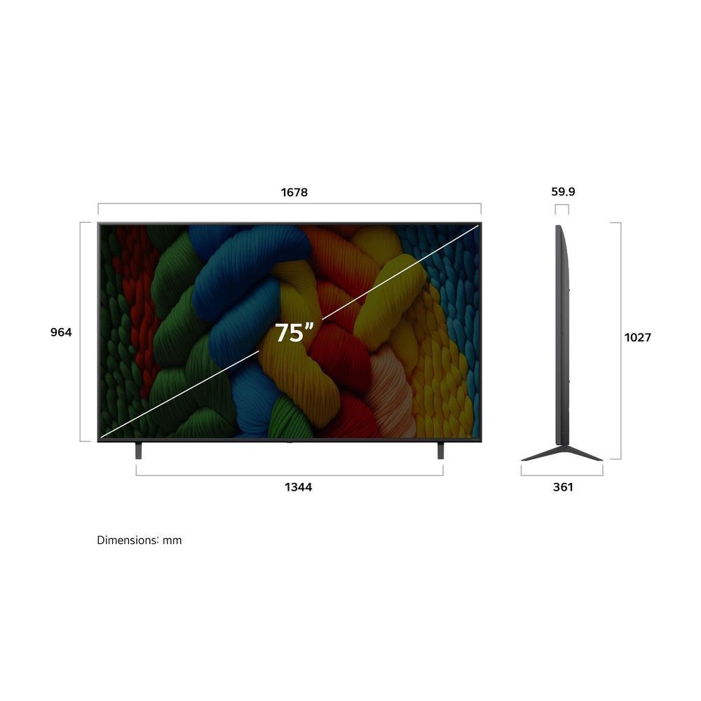 75-inch TV dimensions diagram with front and side measurements in mm