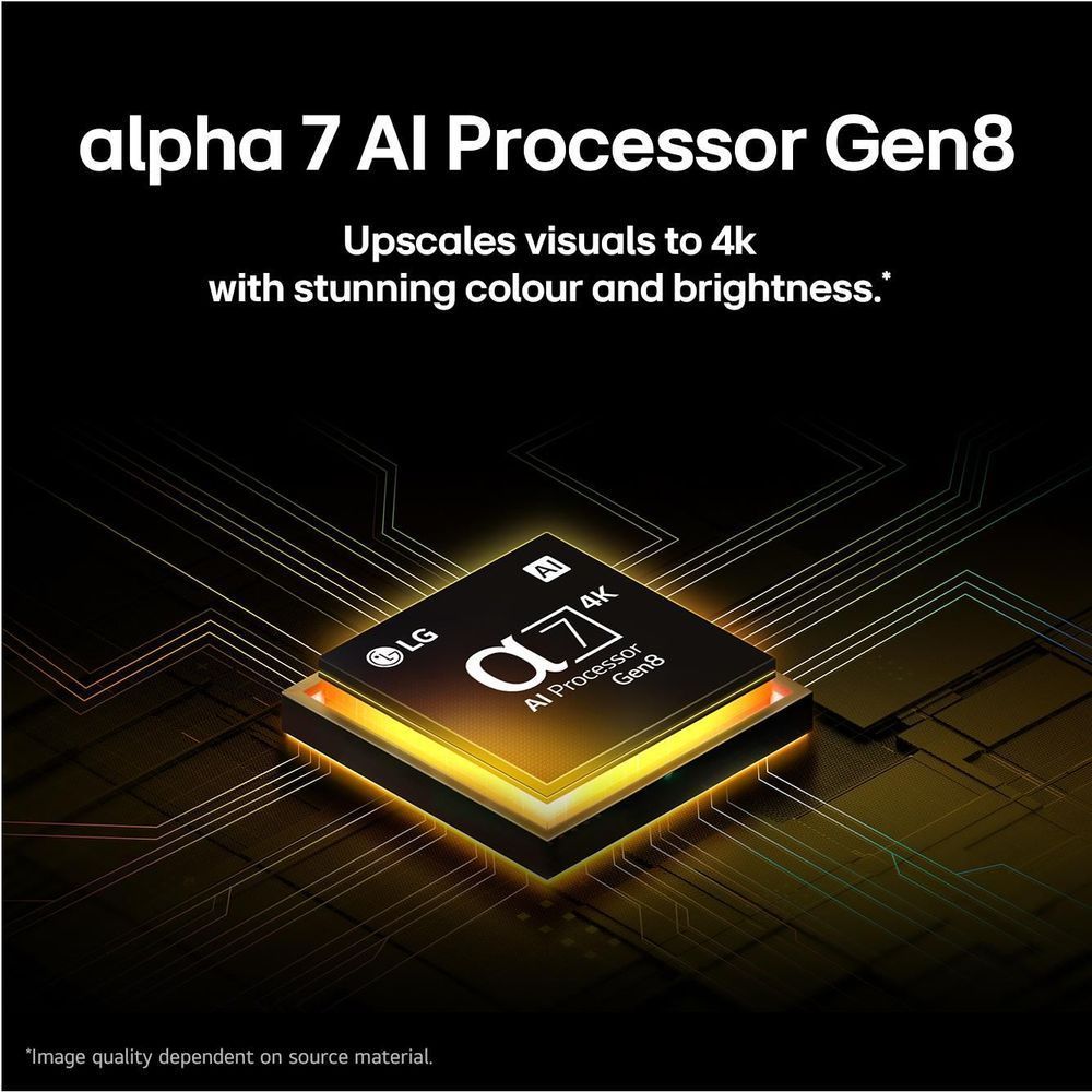 alpha 7 AI Processor Gen8 graphic showing 4K upscaling and circuit design
