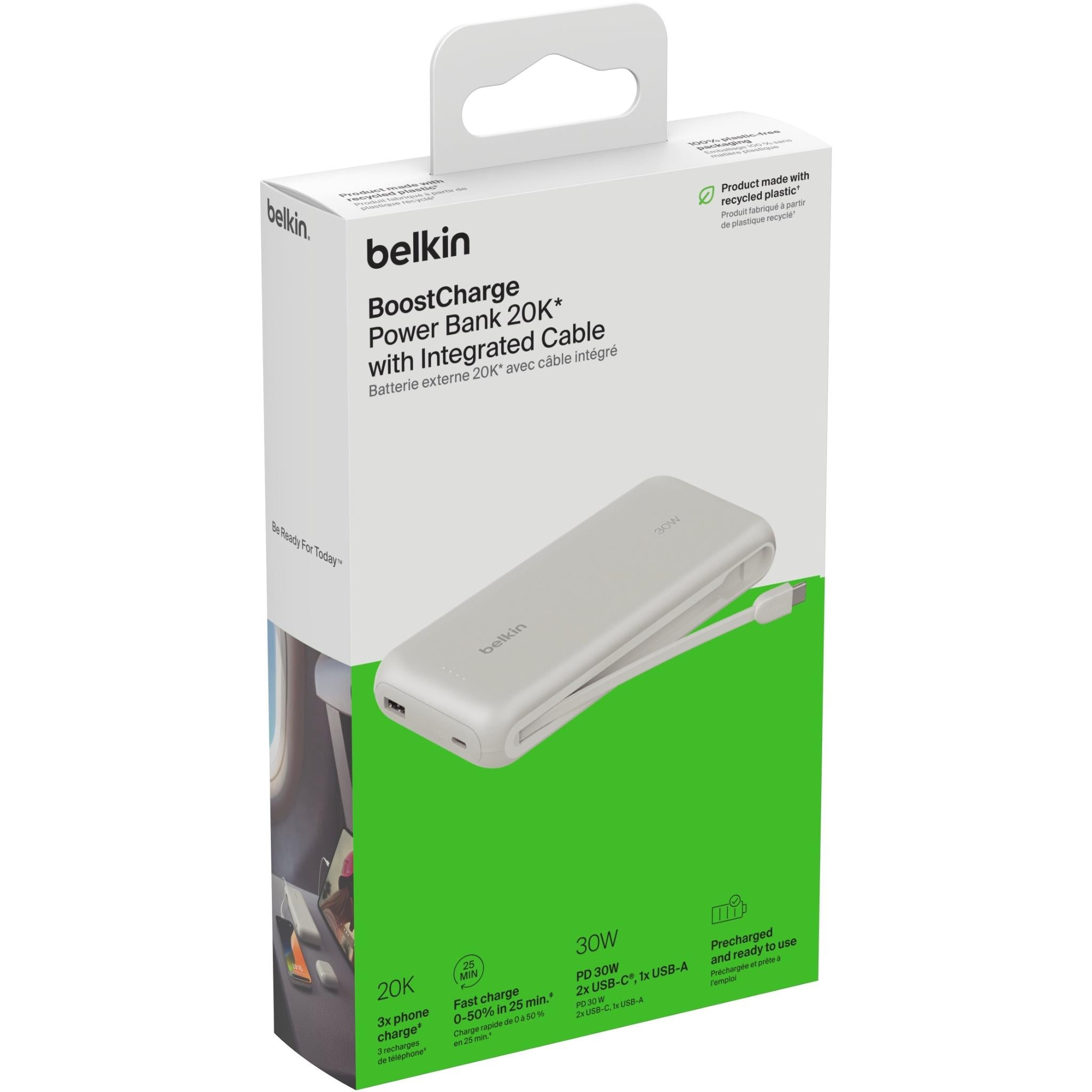 Belkin BoostCharge Power Bank 20K with Integrated Cable (White)