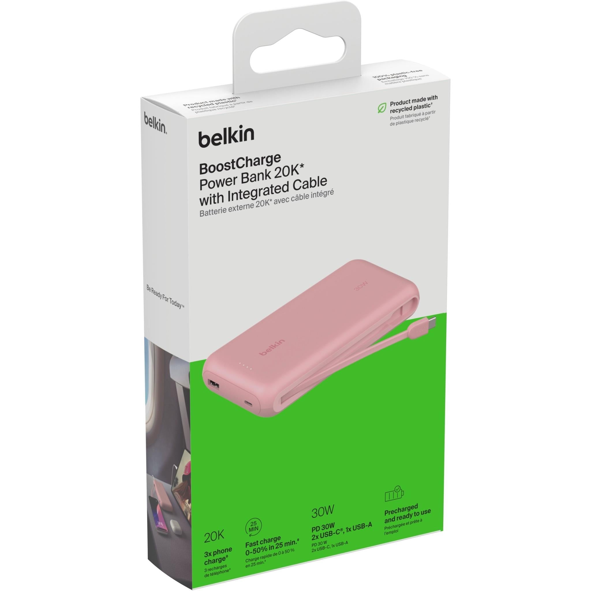Belkin BoostCharge Power Bank 20K with Integrated Cable (Pink)