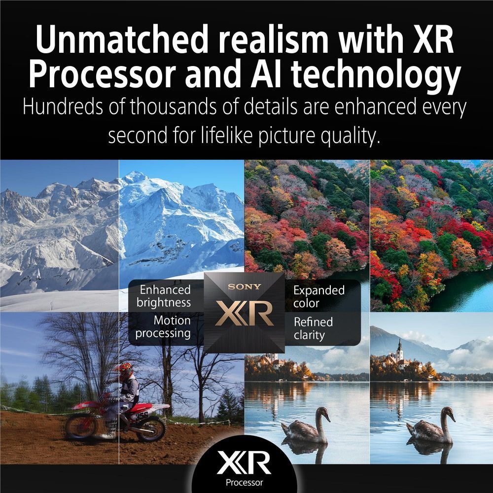 Smart TV screen with split scenic images showing enhanced detail and XR processor