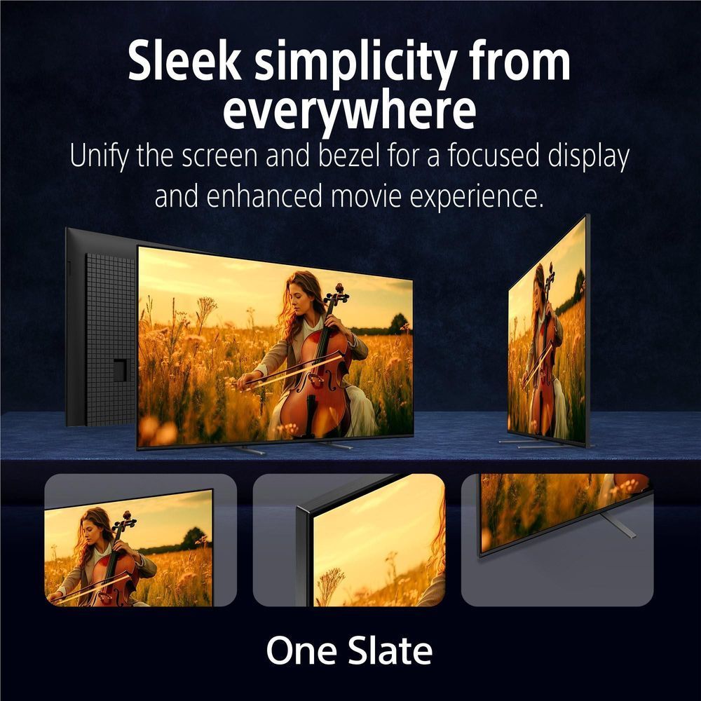 Sony One Slate TV displaying violinist scene with slim bezel and front stand