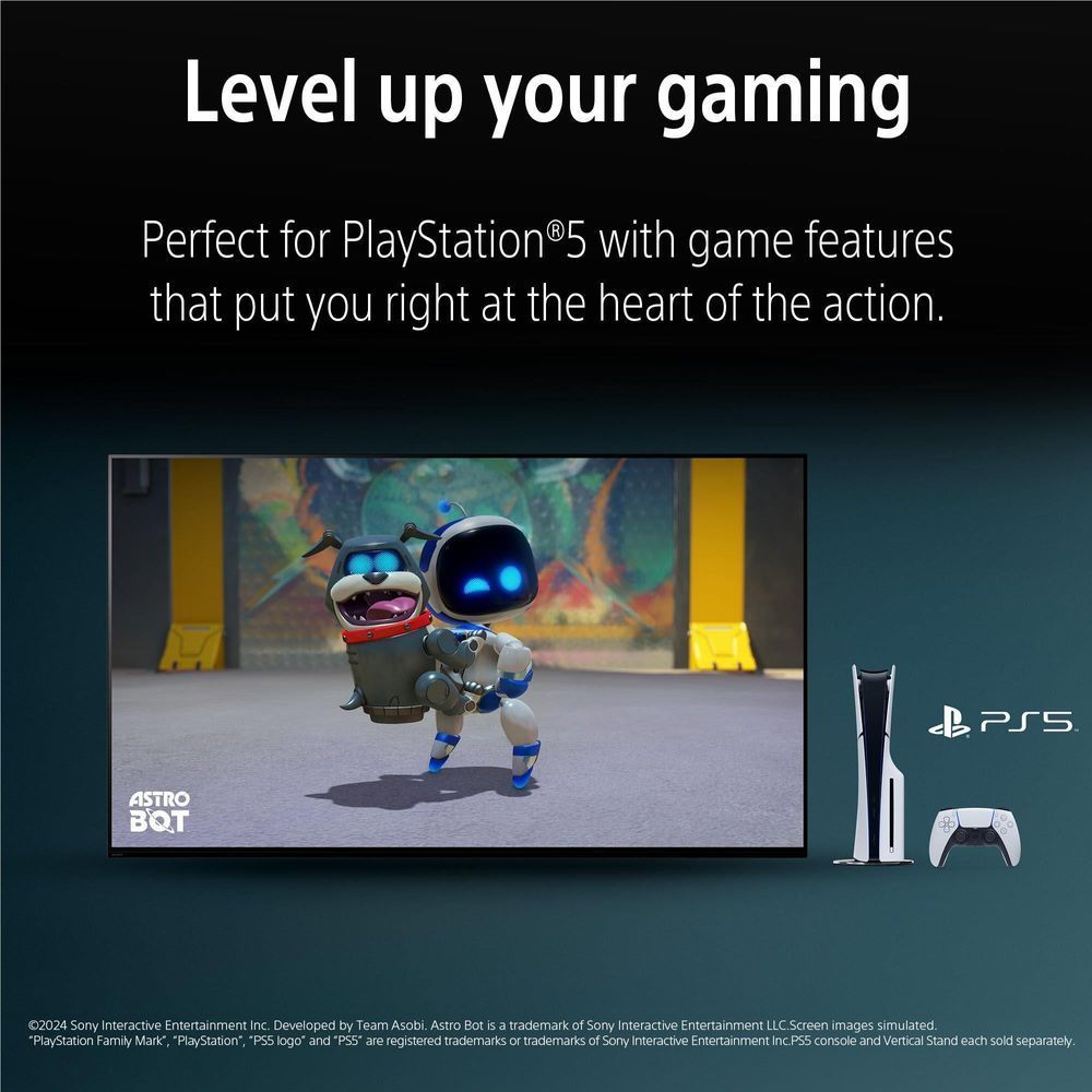 BRAVIA 5 Mini LED TV for gaming with PS5 setup and Astro Bot scene on screen