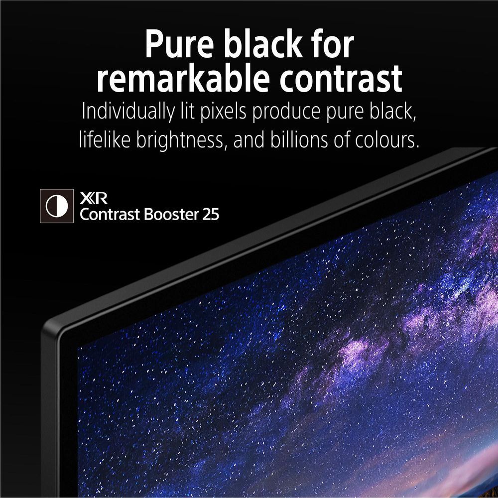 OLED TV close-up with dark screen and bright galaxy tones