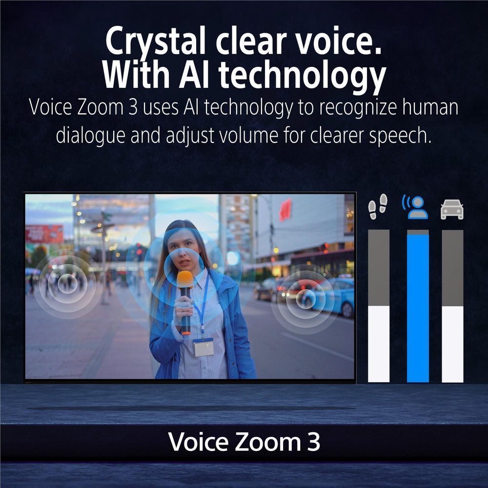 OLED 4K TV displaying Voice Zoom 3 graphic and a person speaking
