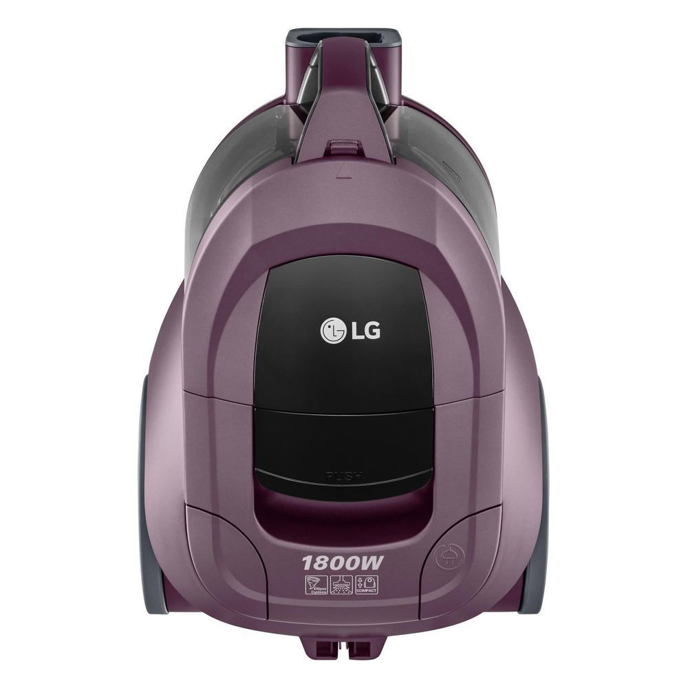 Wine-purple bagless canister vacuum, top view with handle and suction controls