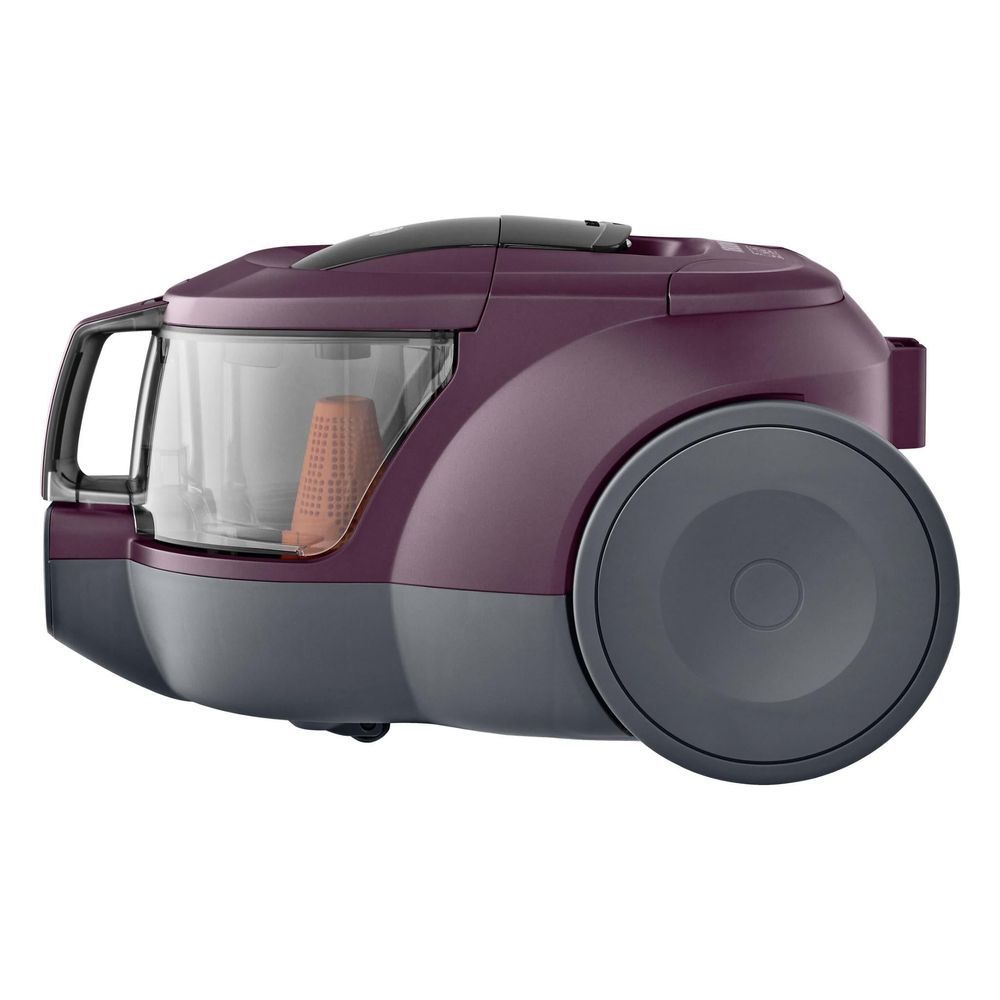 Wine-purple and gray bagless canister vacuum with clear dust compartment and hose port