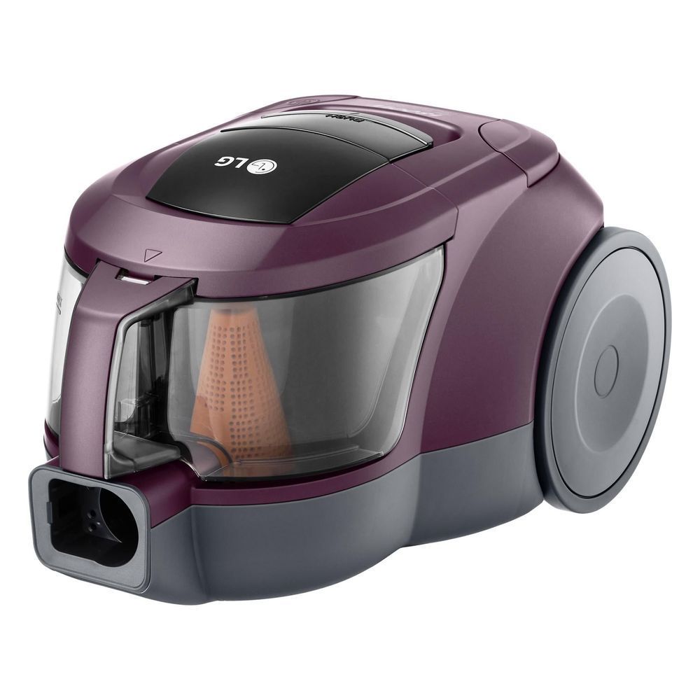 Wine-purple bagless vacuum with clear dust tank and round gray side wheel