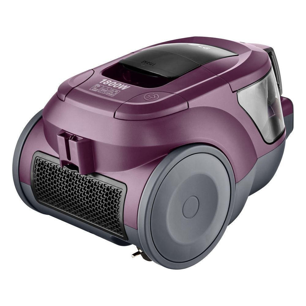 Wine-purple bagless canister vacuum with textured intake grille and large gray wheels
