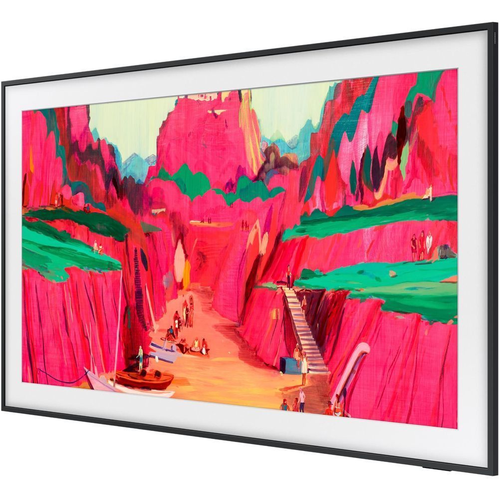 Samsung 75-inch QLED 4K TV with black frame and vivid landscape art