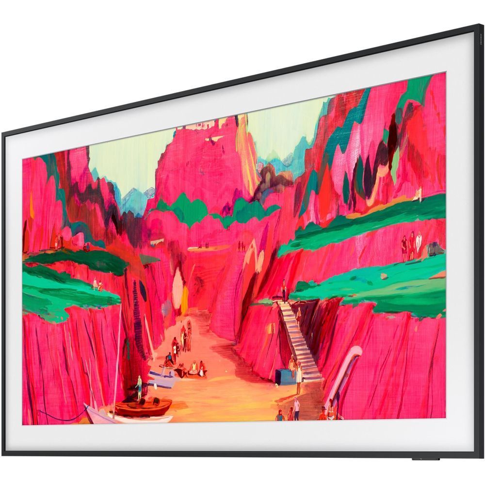 Samsung 75-inch QLED 4K TV angled view, black frame and art display