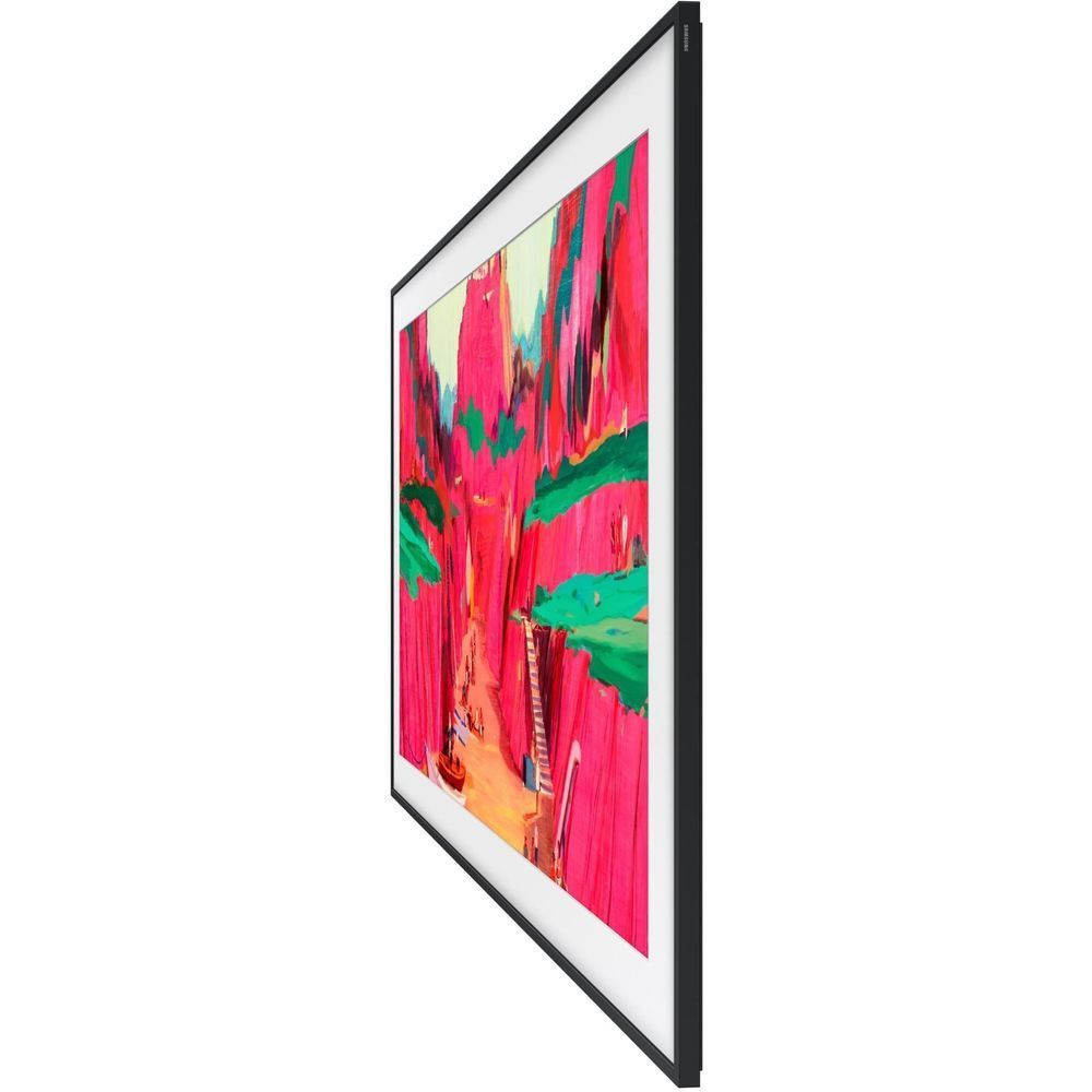 Samsung TV thin side profile with black frame and colorful art panel