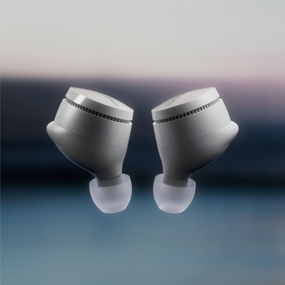 Cloud grey wireless earbuds, front angle pair, silicone tips