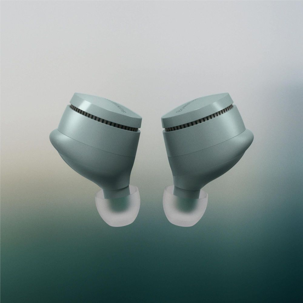 Forest green TWS earbuds with foam tips and sound grilles