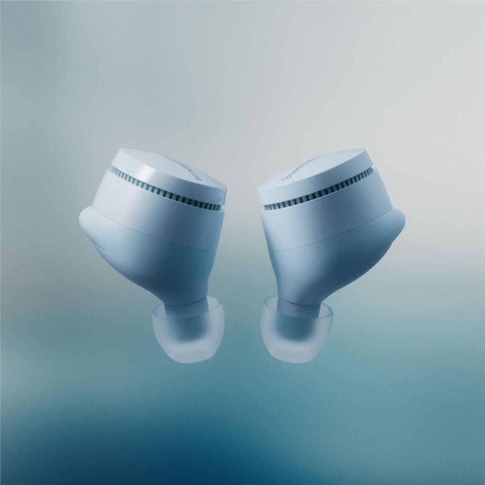 Glacier Blue Bowers & Wilkins TWS earbuds, both earbud housings visible